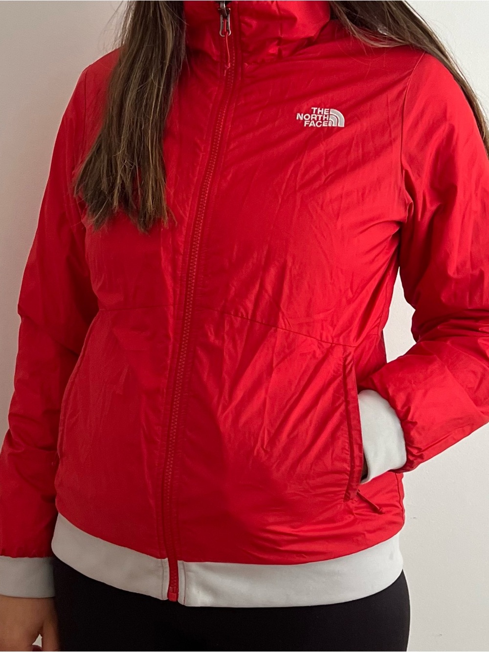 The North Face Women Red Windbreaker Jacket with Gray Trim